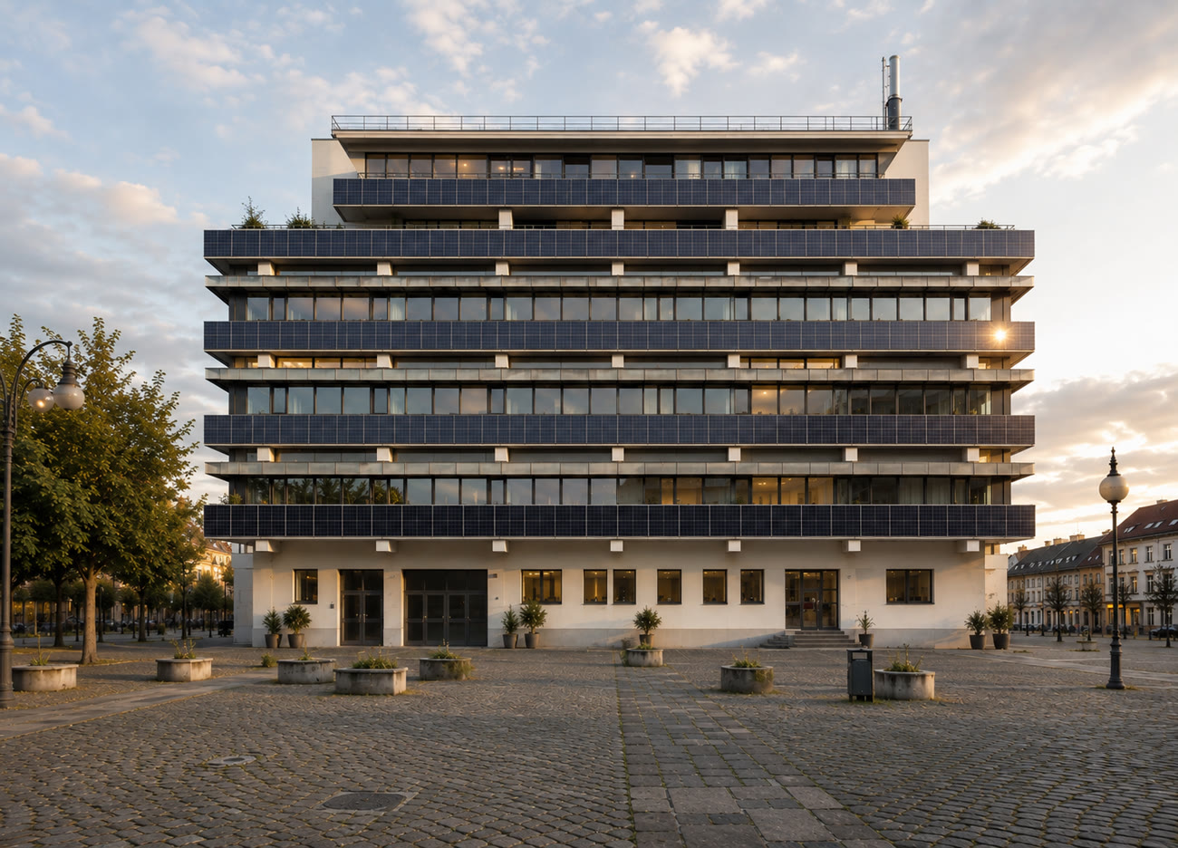 Telekomzentrale nach dem Umbau — Wohnen mit Photovoltaik-Fassade